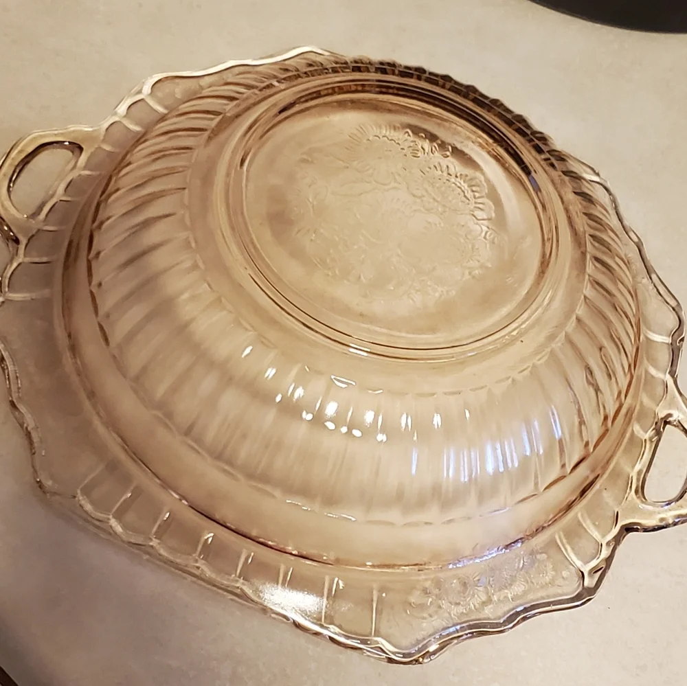 Vintage frosted pink Depression glass square serving bowl with handles